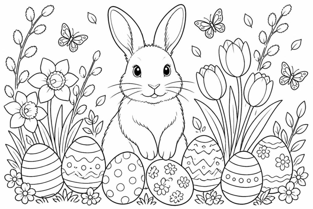 téléchargez et imprimez des coloriages de pâques pour enfants avec des lapins, des œufs décorés et des motifs festifs pour une activité créative et amusante.