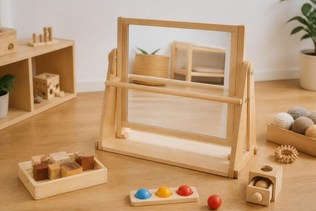 découvrez notre miroir montessori bébé avec barre et modèles sur pied, conçu pour stimuler l'éveil et encourager l'autonomie de votre enfant dès ses premiers mois.