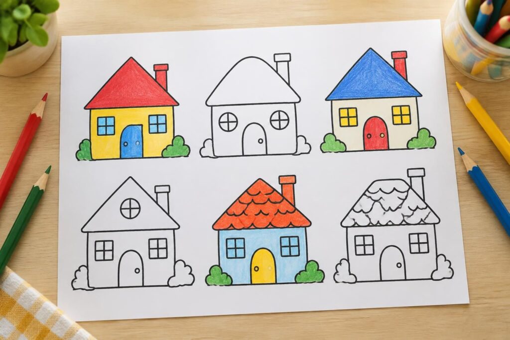 téléchargez des coloriages de maisons simples et colorés à imprimer, parfaits pour stimuler la créativité des enfants.